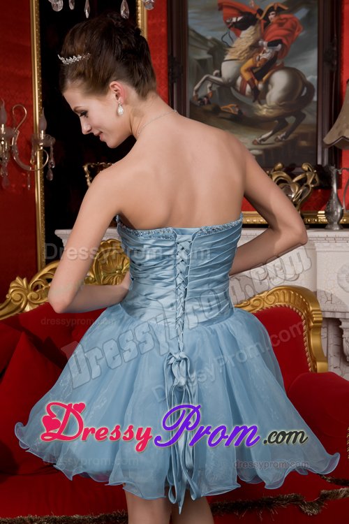 Beaded and Ruched Mini Organza Prom Pageant Dress in Light Blue