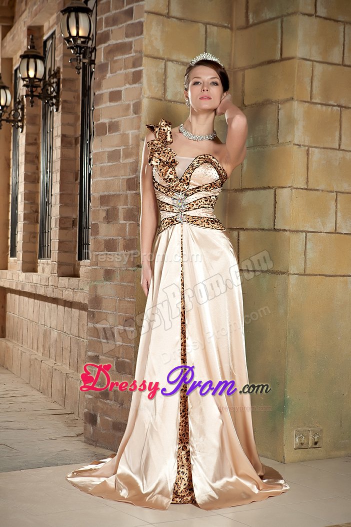 Flowery One Shoulder Champagne Prom Pageant Dress Leopard Print