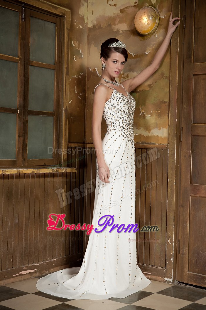 Beaded White Column Brush Prom Pageant Dress with Spaghetti Straps
