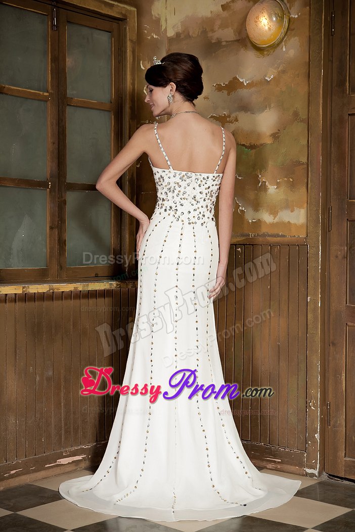 Beaded White Column Brush Prom Pageant Dress with Spaghetti Straps