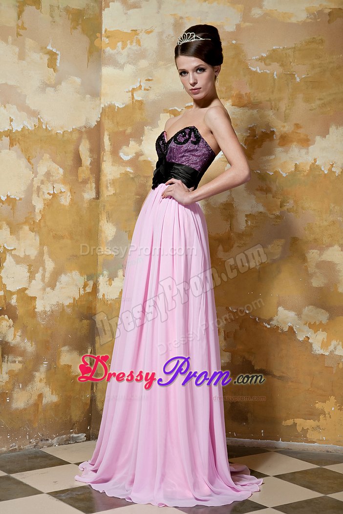 Flower Accent Sweetheart Prom Pageant Dress in Black and Pink