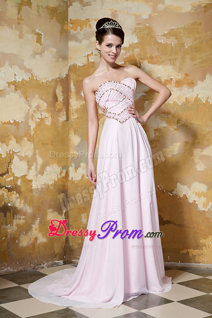 Beaded Bodice Court Train Prom Pageant Dress in Light Pink 2014