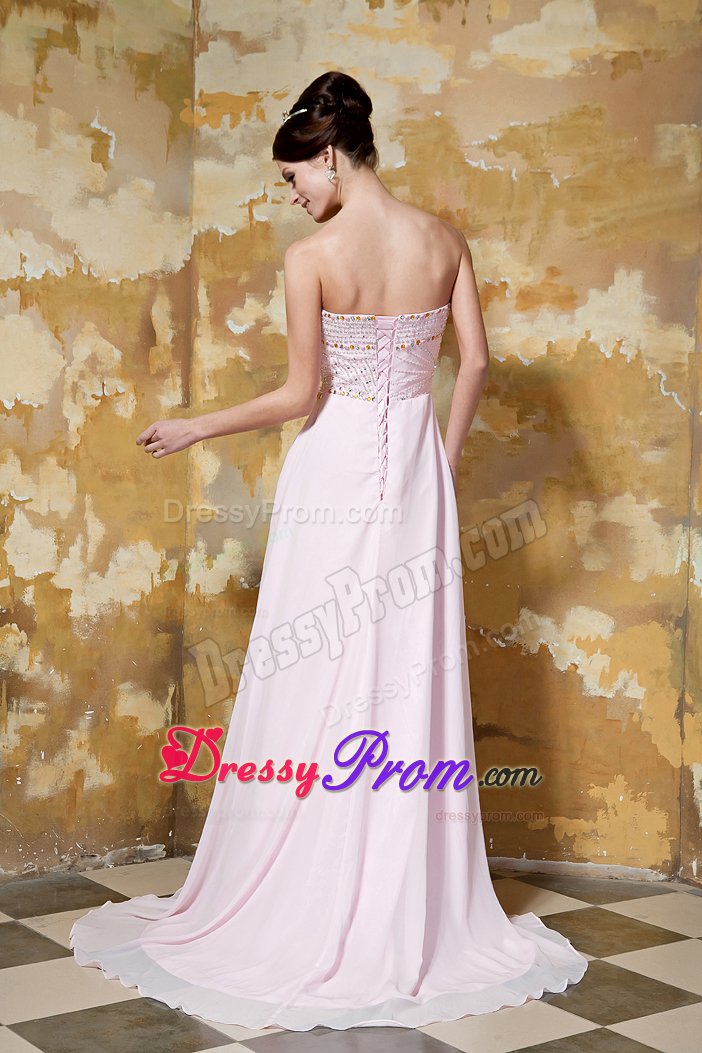 Beaded Bodice Court Train Prom Pageant Dress in Light Pink 2014