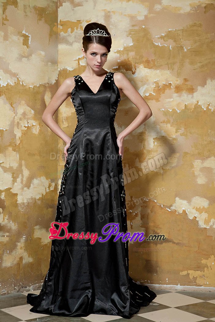 Beaded Black V-neck Prom Pageant Dresses with Brush Train 2014