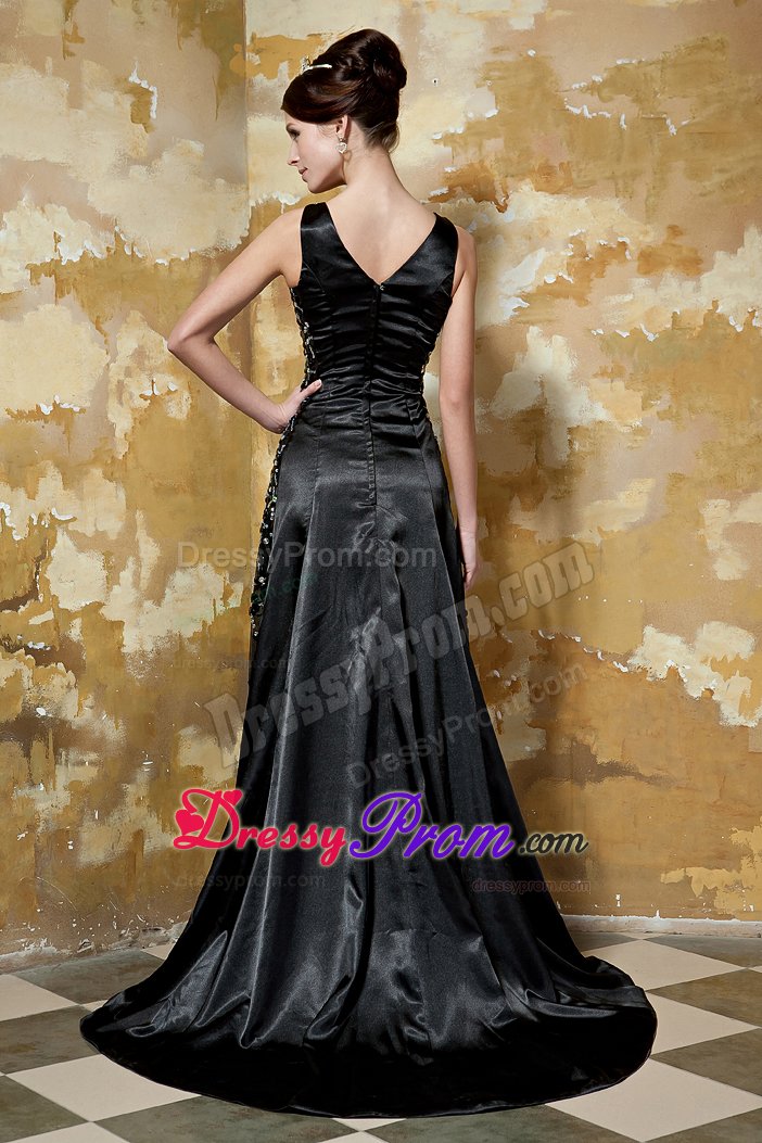 Beaded Black V-neck Prom Pageant Dresses with Brush Train 2014