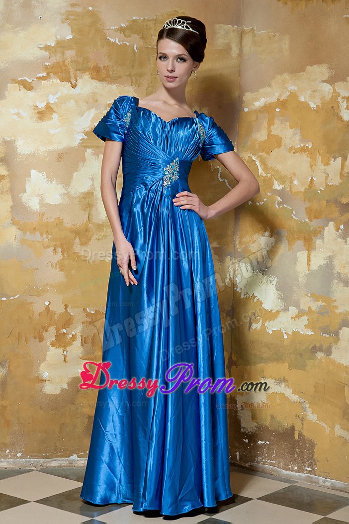 Blue Empire V-neck Beading Prom Pageant Dress with Short Sleeves