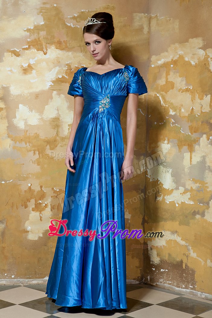 Blue Empire V-neck Beading Prom Pageant Dress with Short Sleeves