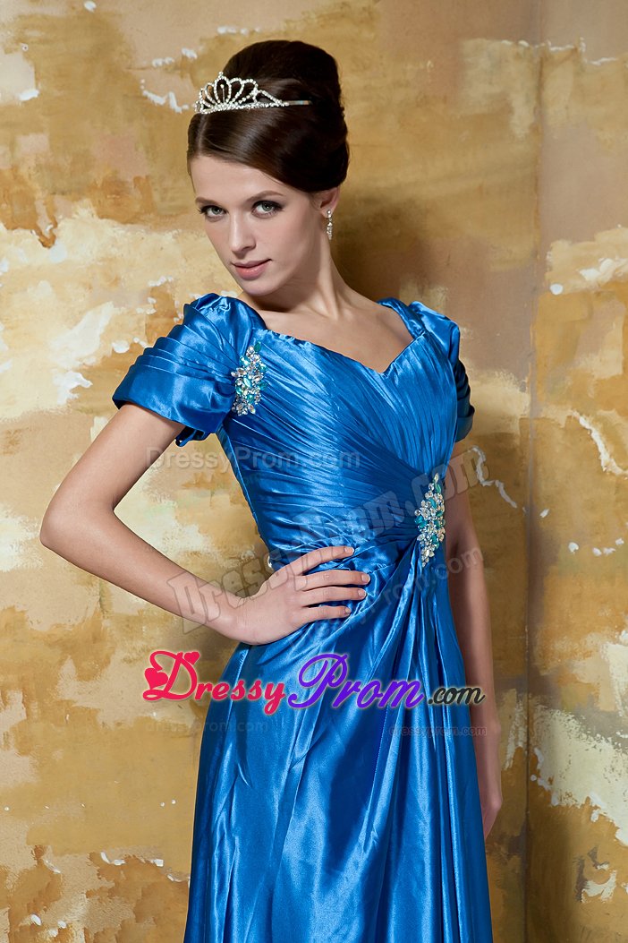 Blue Empire V-neck Beading Prom Pageant Dress with Short Sleeves