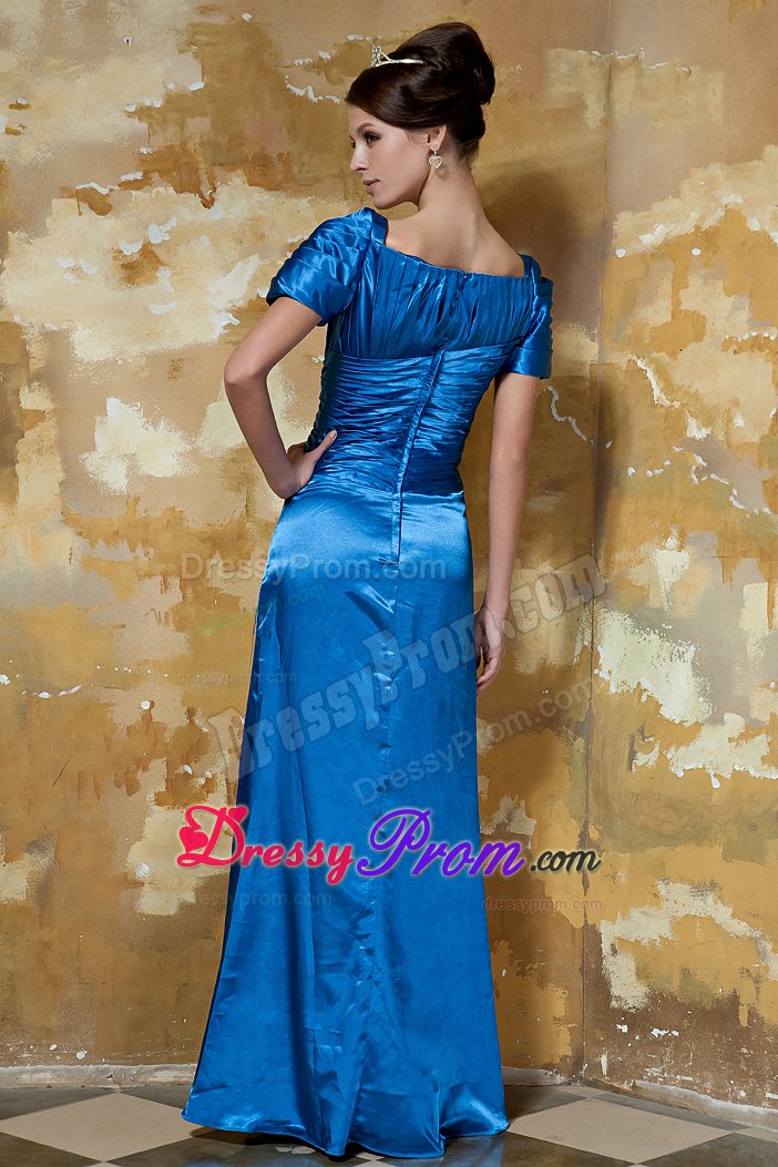 Blue Empire V-neck Beading Prom Pageant Dress with Short Sleeves
