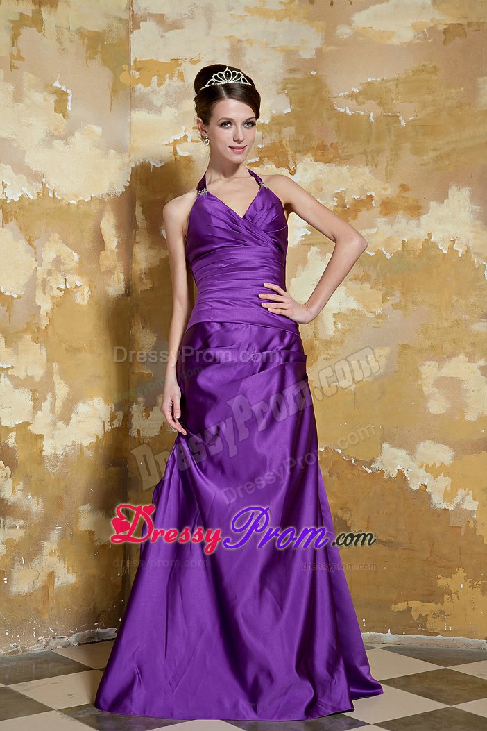 Eggplant Purple Halter A-line Prom Pageant Dresses with Ruches
