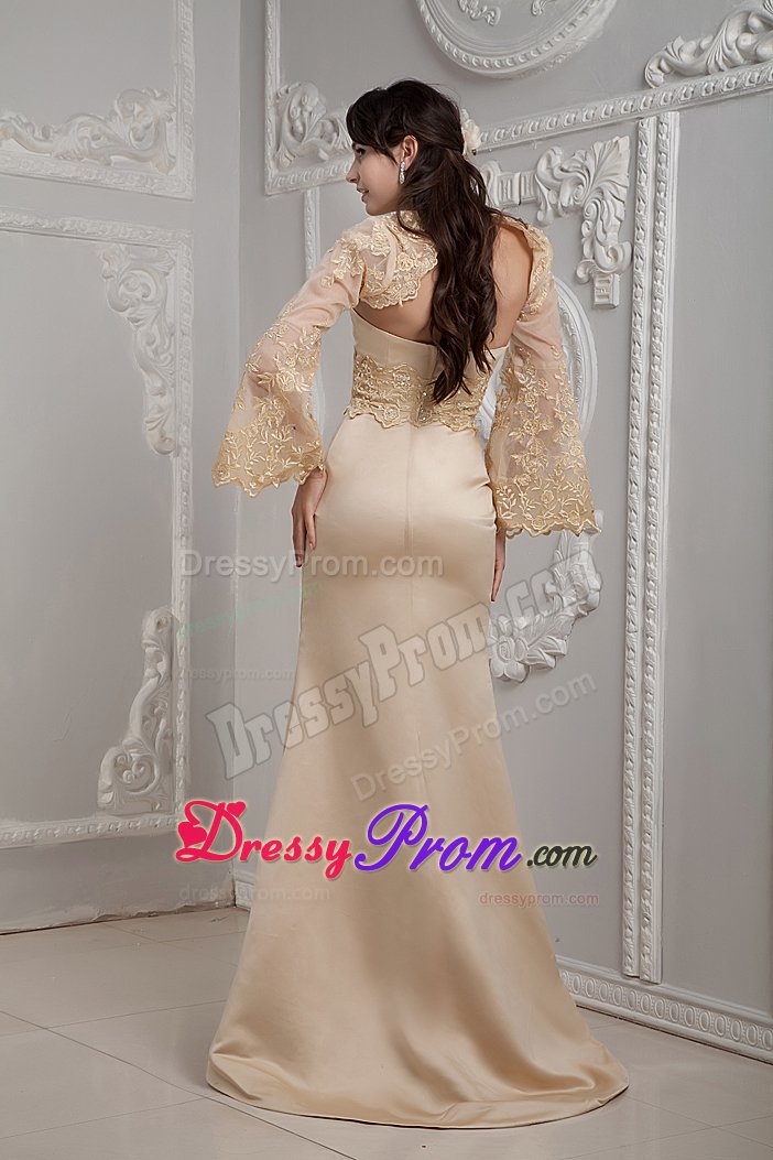 Champagne Column Prom Homecoming Dress with Appliques Brush Train