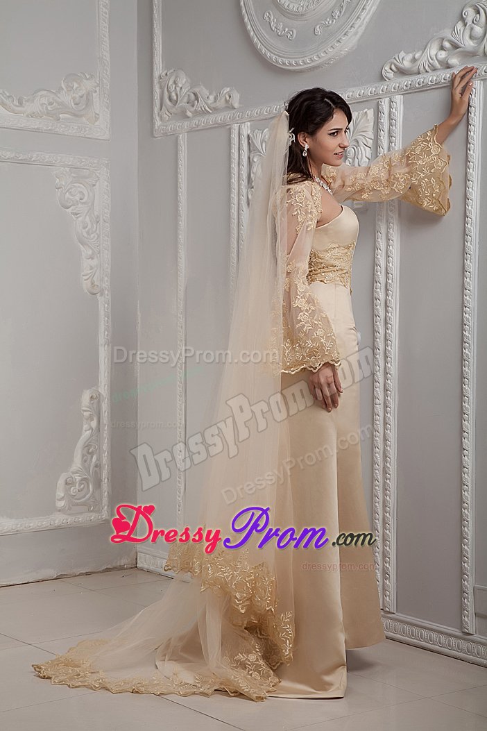 Champagne Column Prom Homecoming Dress with Appliques Brush Train