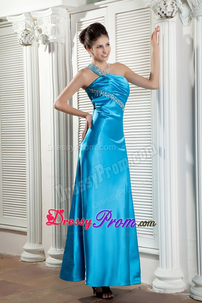 Teal Ankle Length Beaded Ruched Prom Homecoming Dress One Shoulder
