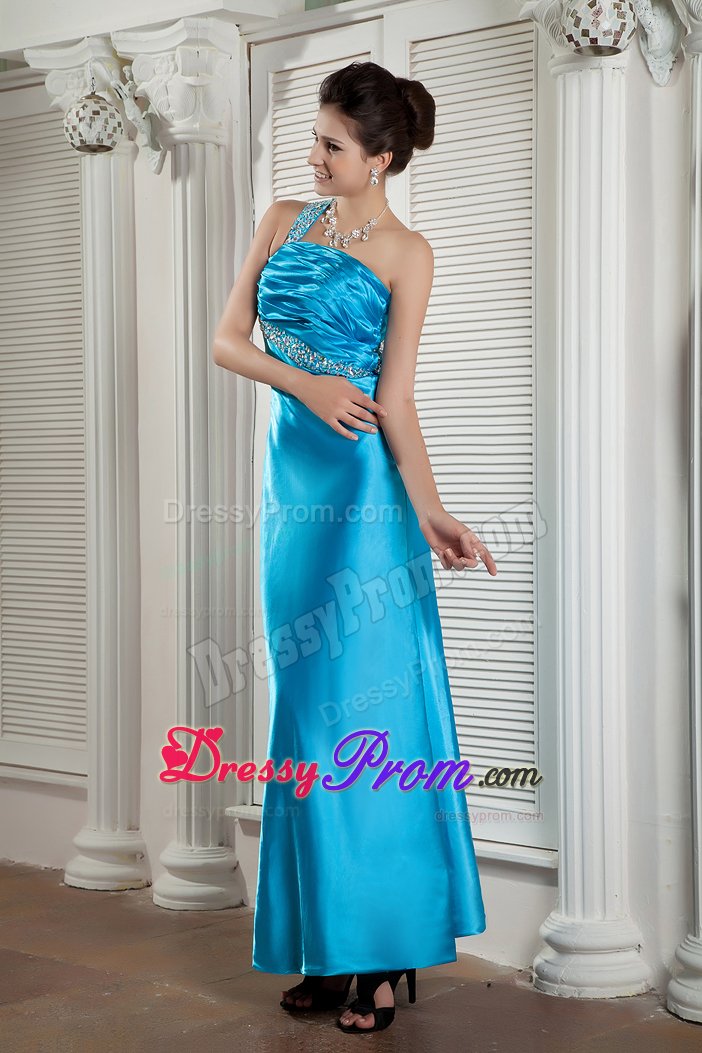 Teal Ankle Length Beaded Ruched Prom Homecoming Dress One Shoulder
