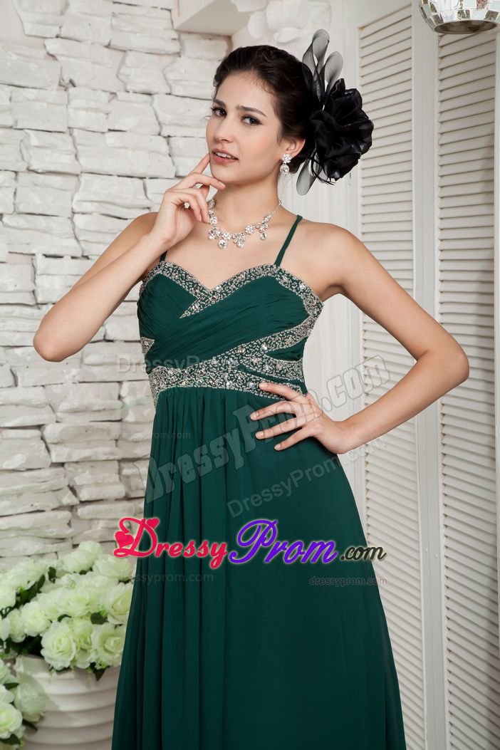 Beaded and Ruched Dark Green Prom Celebrity Dresses with Straps