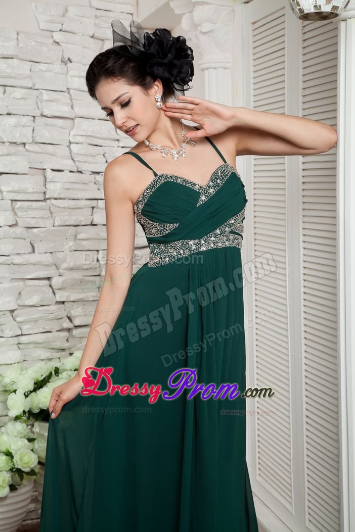 Beaded and Ruched Dark Green Prom Celebrity Dresses with Straps