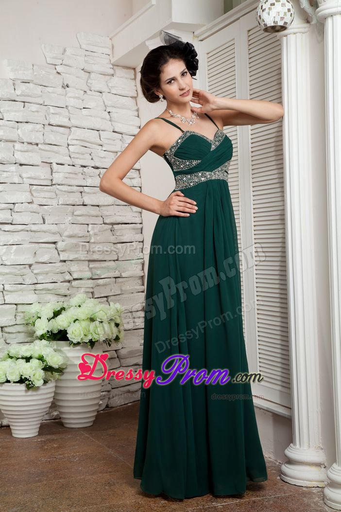 Beaded and Ruched Dark Green Prom Celebrity Dresses with Straps