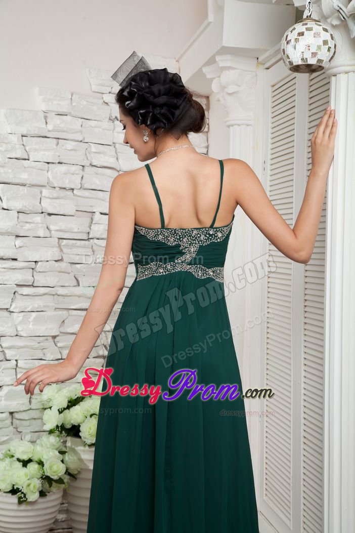 Beaded and Ruched Dark Green Prom Celebrity Dresses with Straps