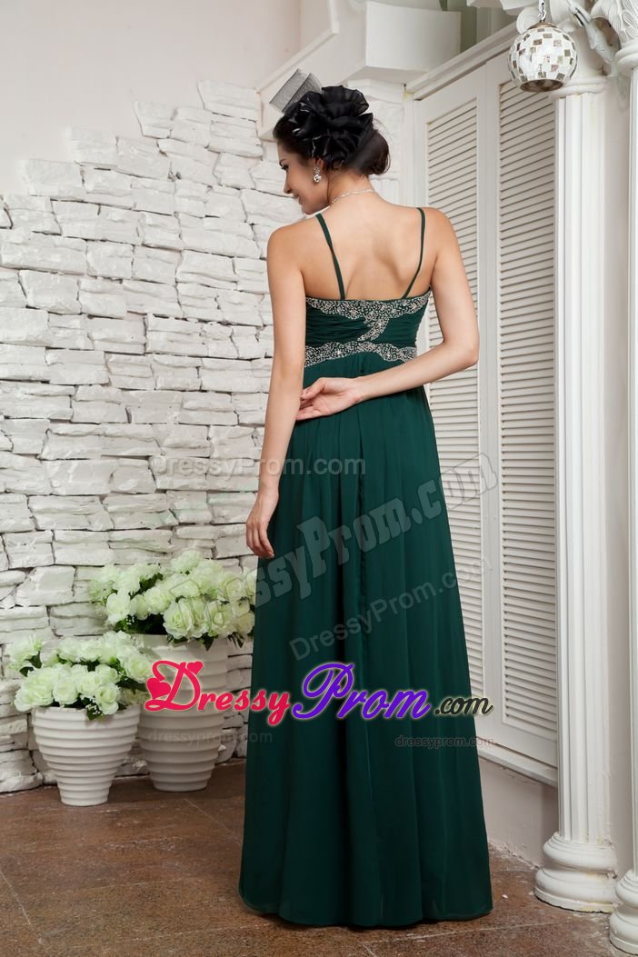 Beaded and Ruched Dark Green Prom Celebrity Dresses with Straps