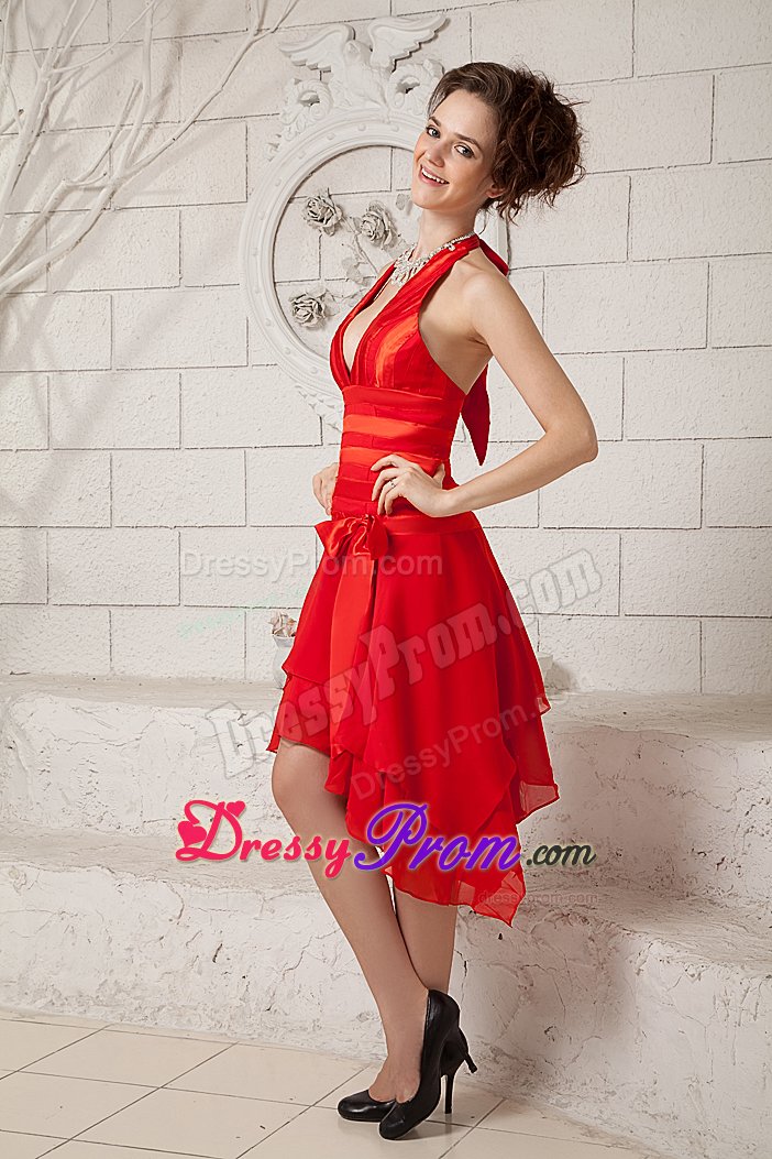 Beautiful Halter Red Asymmetrical Bowknot Prom Graduation Dress
