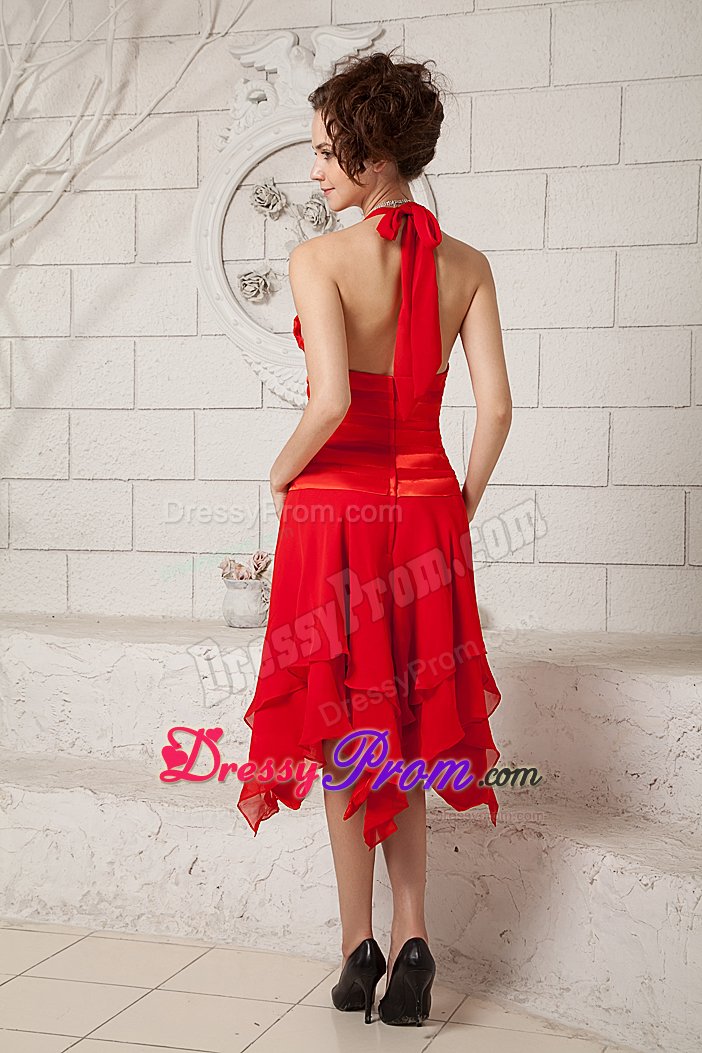 Beautiful Halter Red Asymmetrical Bowknot Prom Graduation Dress