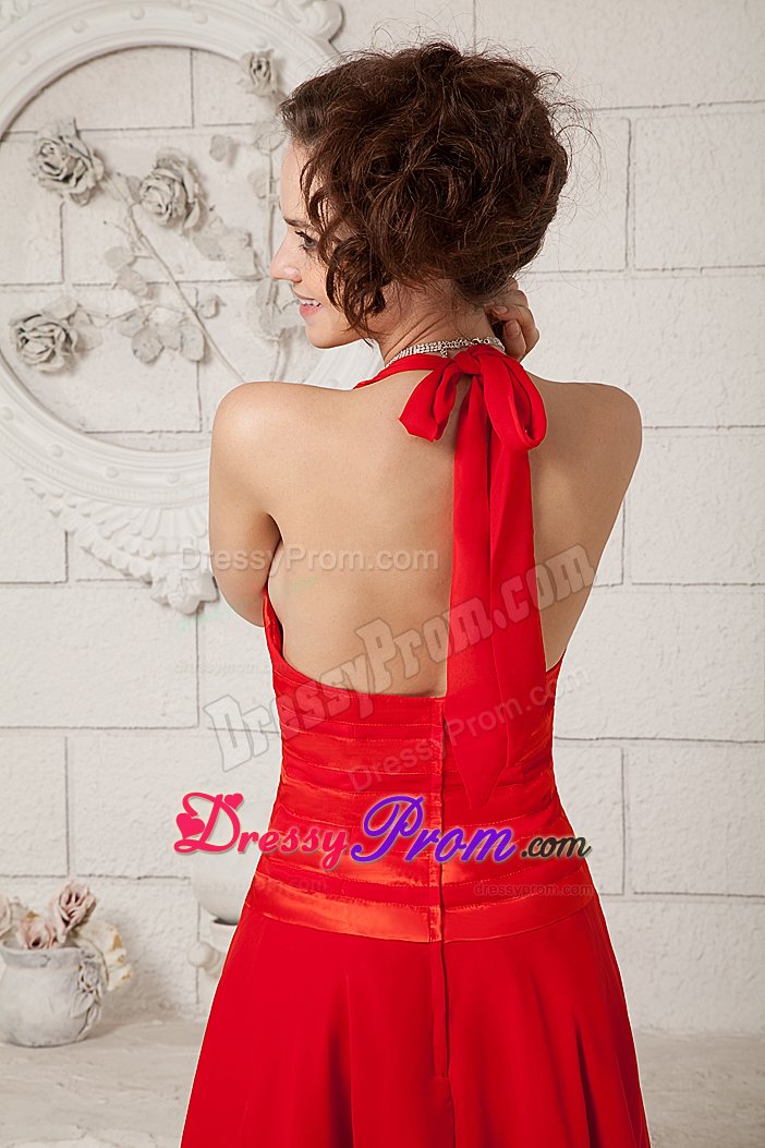 Beautiful Halter Red Asymmetrical Bowknot Prom Graduation Dress