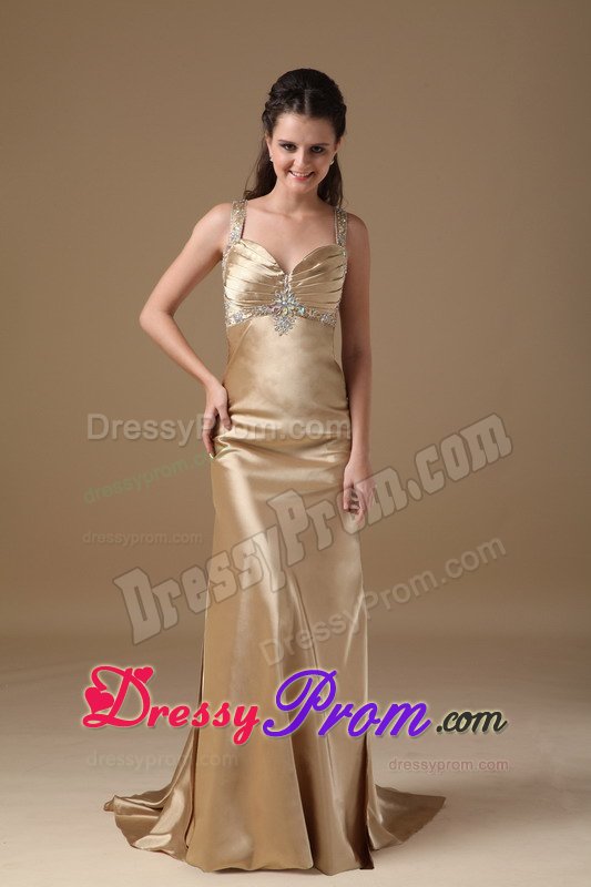 Beading and Ruches Accent Straps Prom Holiday Dress in Champagne