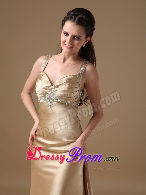 Beading and Ruches Accent Straps Prom Holiday Dress in Champagne