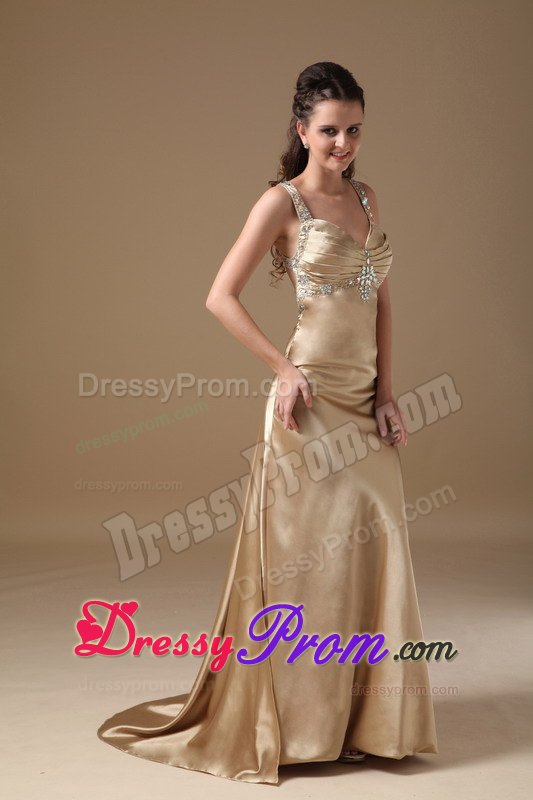 Beading and Ruches Accent Straps Prom Holiday Dress in Champagne