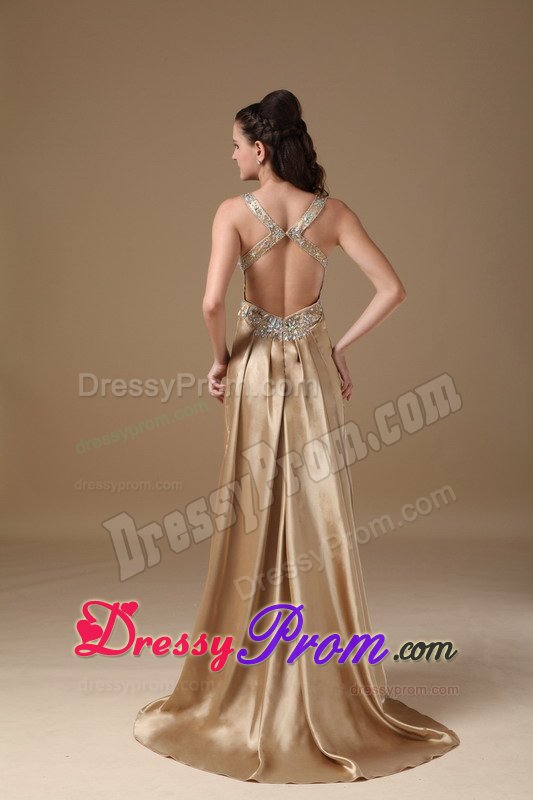 Beading and Ruches Accent Straps Prom Holiday Dress in Champagne