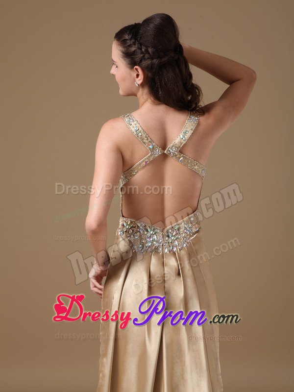 Beading and Ruches Accent Straps Prom Holiday Dress in Champagne