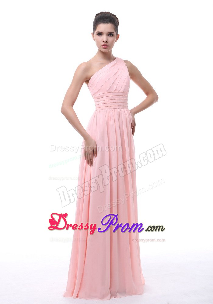 Beaded and Ruched One Shoulder Quinceanera Dama Dress in Baby Pink