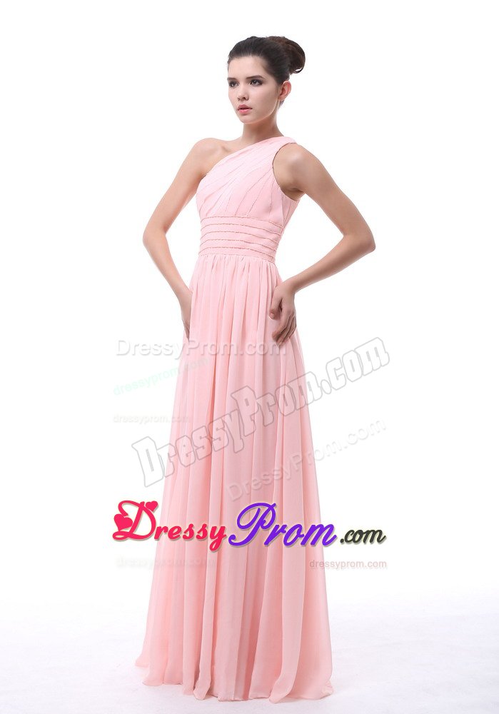 Beaded and Ruched One Shoulder Quinceanera Dama Dress in Baby Pink