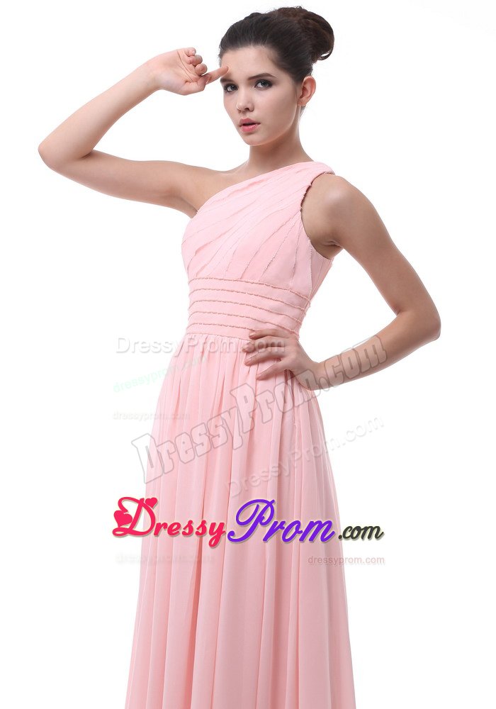 Beaded and Ruched One Shoulder Quinceanera Dama Dress in Baby Pink