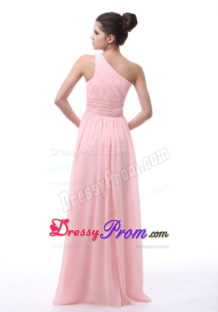 Beaded and Ruched One Shoulder Quinceanera Dama Dress in Baby Pink