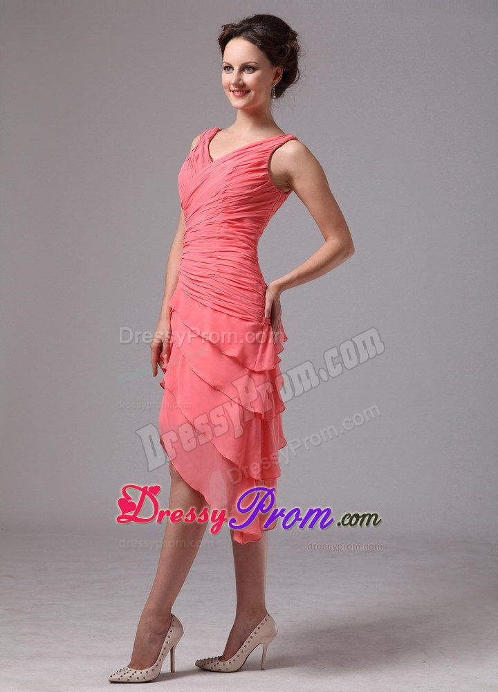 Ruched and Ruffled V-neck Quinceanera Dama Dress in Watermelon