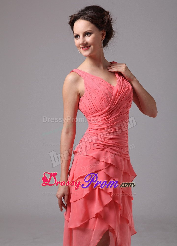 Ruched and Ruffled V-neck Quinceanera Dama Dress in Watermelon