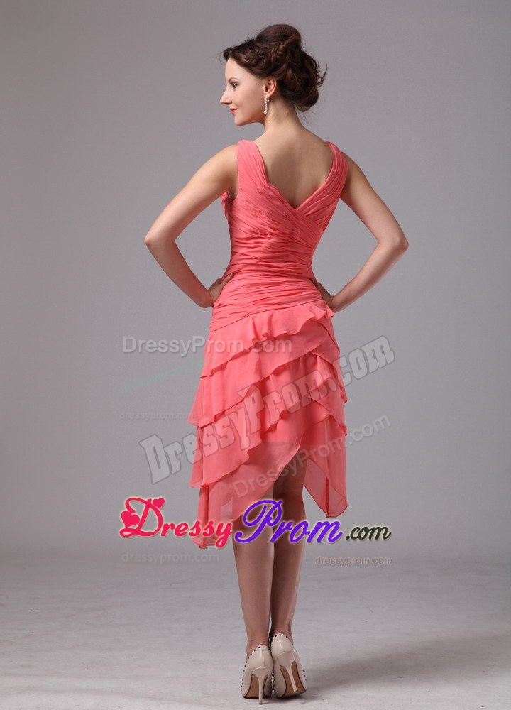 Ruched and Ruffled V-neck Quinceanera Dama Dress in Watermelon