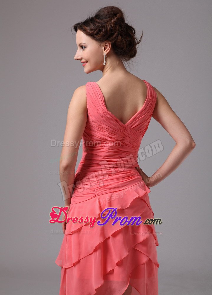 Ruched and Ruffled V-neck Quinceanera Dama Dress in Watermelon