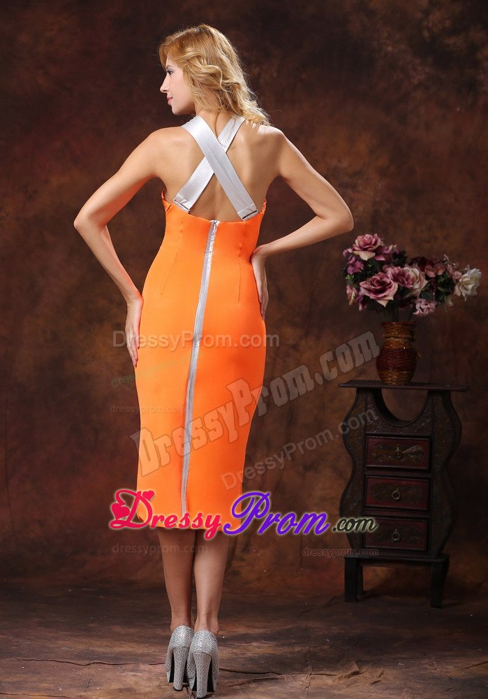 Orange Tea Length High Neck Quinceanera Dama Dress Criss Cross