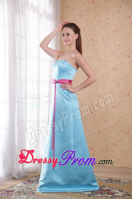 Hot Pink Sash Accent Brush Train Light Blue Quinceanera Dama Dress