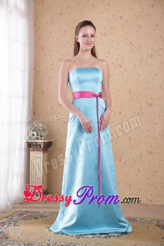 Hot Pink Sash Accent Brush Train Light Blue Quinceanera Dama Dress