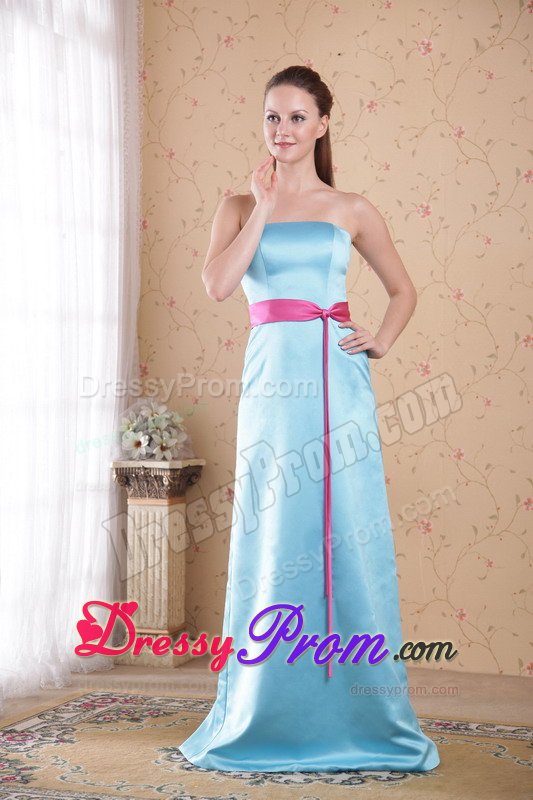 Hot Pink Sash Accent Brush Train Light Blue Quinceanera Dama Dress