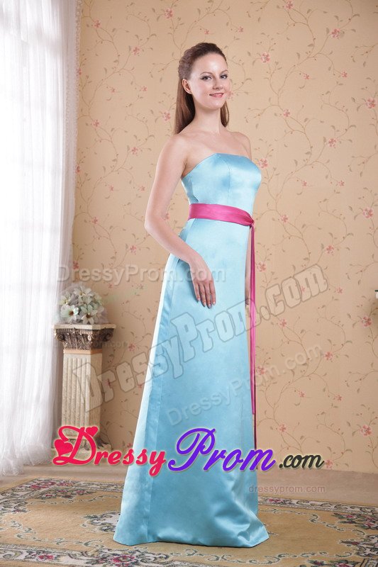 Hot Pink Sash Accent Brush Train Light Blue Quinceanera Dama Dress