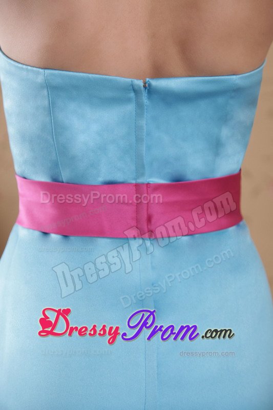 Hot Pink Sash Accent Brush Train Light Blue Quinceanera Dama Dress