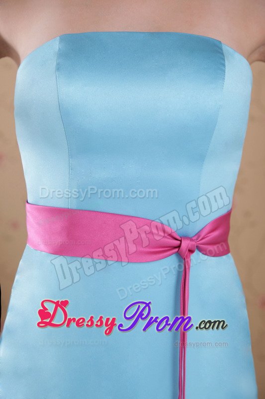 Hot Pink Sash Accent Brush Train Light Blue Quinceanera Dama Dress