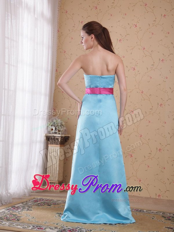 Hot Pink Sash Accent Brush Train Light Blue Quinceanera Dama Dress