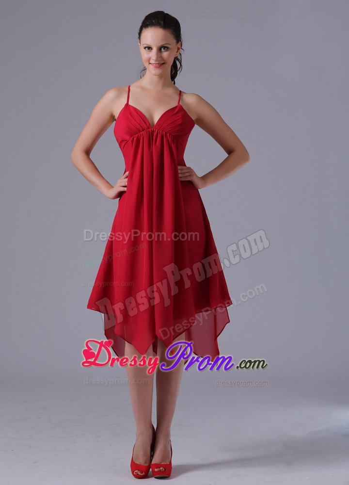 Spaghetti Straps Asymmetrical Hem Wine Red Quinceanera Dama Dress