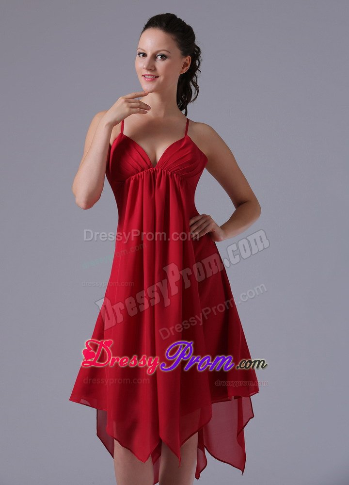 Spaghetti Straps Asymmetrical Hem Wine Red Quinceanera Dama Dress