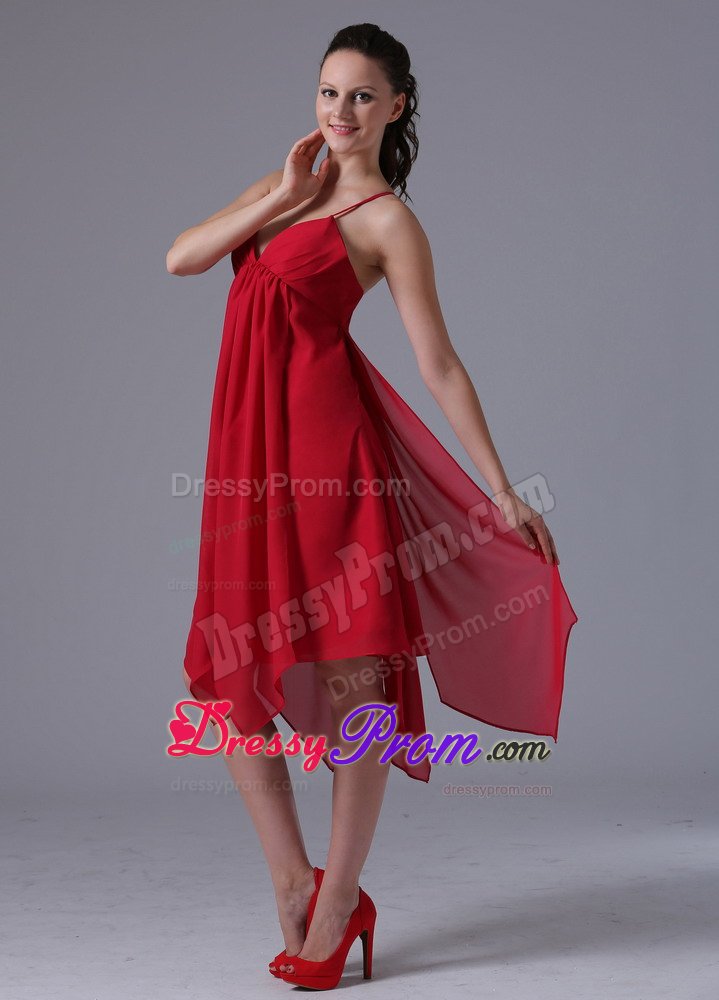 Spaghetti Straps Asymmetrical Hem Wine Red Quinceanera Dama Dress